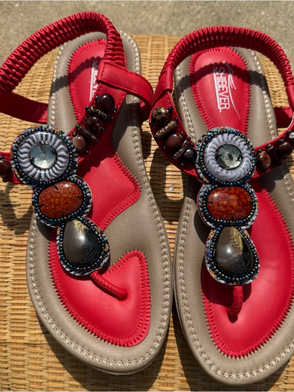 Shibever Women’s Sandals Embellished Jeweled T-Strap Coral Bohemian Like New